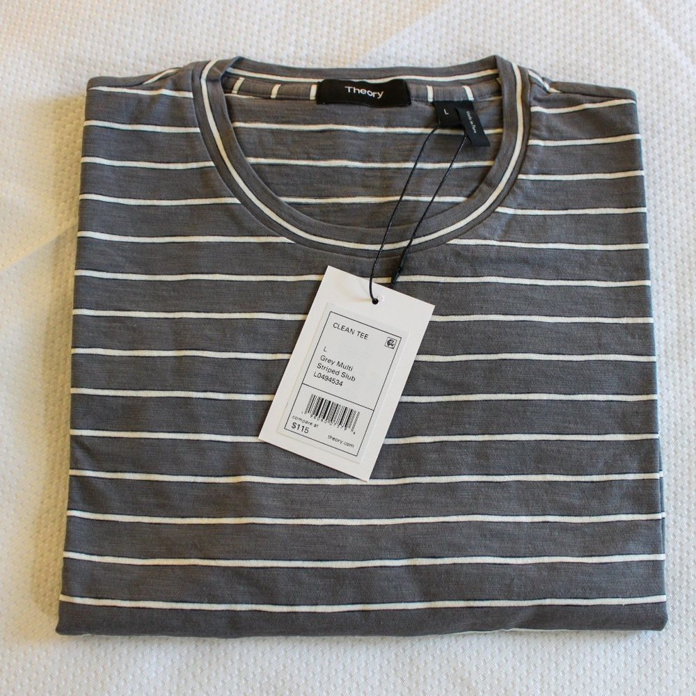Theory Clean Tee Men's T-Shirt L Grey Multi Striped 100% Cotton New with Tags